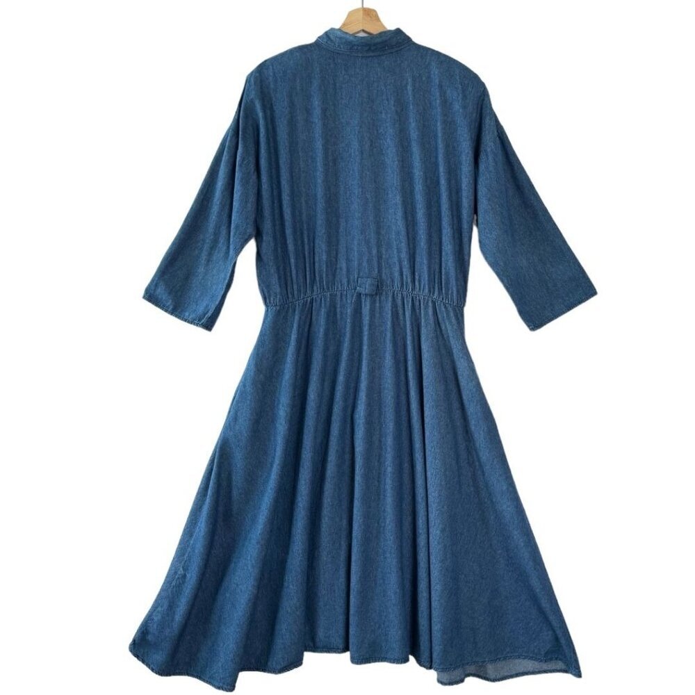 80s Vintage Bedford Fair Bracelet Sleeve Elastic Waist Denim Midi Dress Size L - Picture 3 of 8